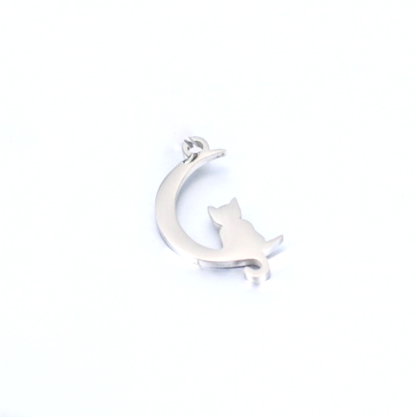 Pendentifs Chat sur Lune 16 mm - Argenté en Acier Inoxydable 304 - pour bijoux raffinés