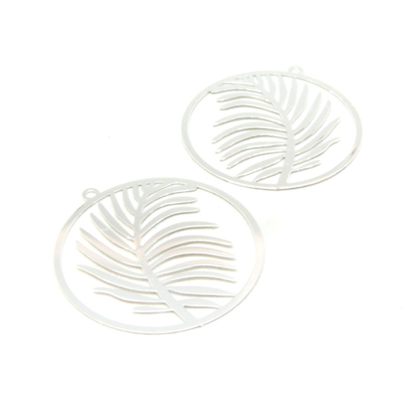 Estampes - pendentif filigrane médaillon avec feuille de Palme 31mm - métal finition Argent Platine