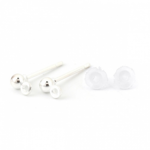 Supports de boucle d'oreille Puce Bille avec attache 3mm métal finition Argent Vif et embouts plastique