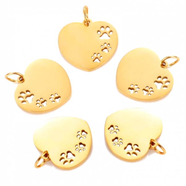 Pendentif - Médaille Cœur avec pattes de chien 23 par 18mm - Doré en Acier Inoxydable  - pour bijoux raffinés