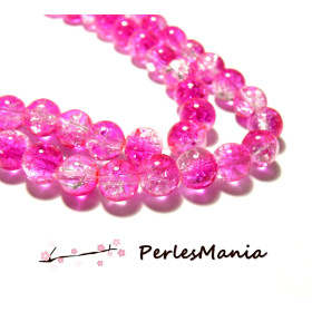Perles de verre rond craquelé bicolore Rose Fuchsia et Blanc 8mm
