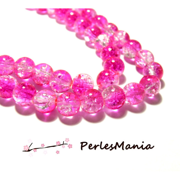 Perles de verre rond craquelé bicolore Rose Fuchsia et Blanc 8mm