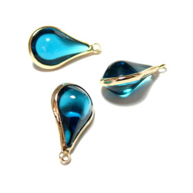 Pendentifs Goutte de Verre Bleu Intense 18mm métal Doré