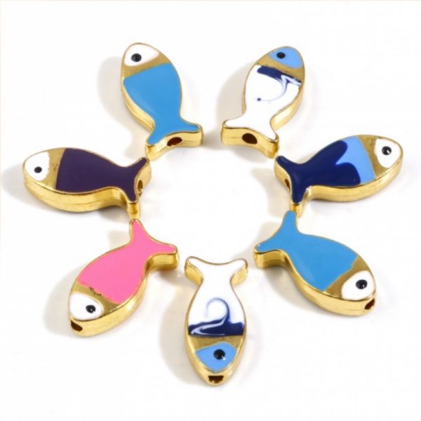 Perles intercalaires Poisson style émaillé 17mm métal couleur Doré