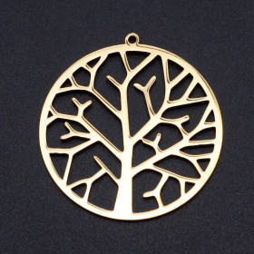 Pendentif Arbre stylisé dans médaillon  35mm en Acier Inoxydable  201 placage Ionique finition Doré