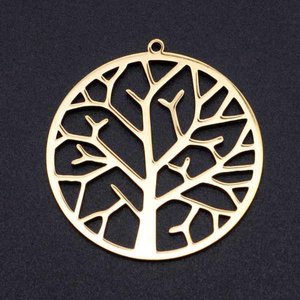 Pendentif Arbre stylisé dans médaillon  35mm en Acier Inoxydable  201 placage Ionique finition Doré