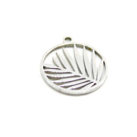 Pendentif -  médaillon avec feuille de Palme 15 mm - Argenté en Acier Inoxydable 304