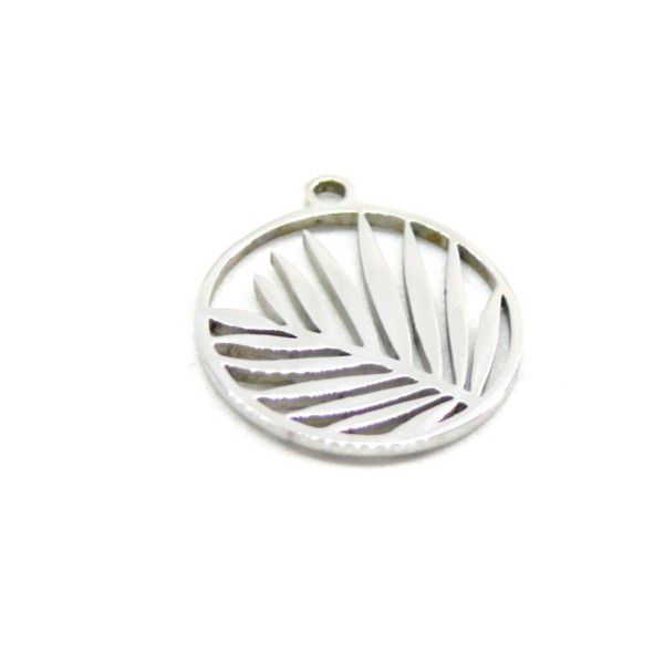 Pendentif -  médaillon avec feuille de Palme 15 mm - Argenté en Acier Inoxydable 304