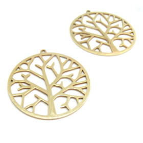 Pendentif Arbre stylisé dans médaillon  35mm en Acier Inoxydable  201 placage Ionique finition Doré