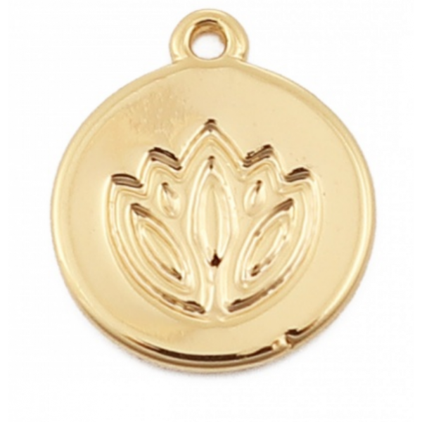 Pendentif médaillon Fleur de Lotus, Yoga - 10mm - cuivre plaqué OR 18KT