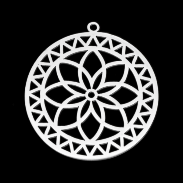Pendentif - Mandala 34 mm - finition Argenté en Acier Inoxydable- pour bijoux raffinés