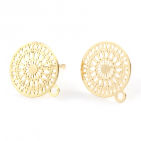 Supports Boucle d'oreille, Puce Mandala avec attache 12mm, Cuivre Doré à l'or fin 18K