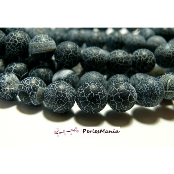 Perles rondes Agate Veine de Dragon Noir Mat Givré 6mm – Couleur 07