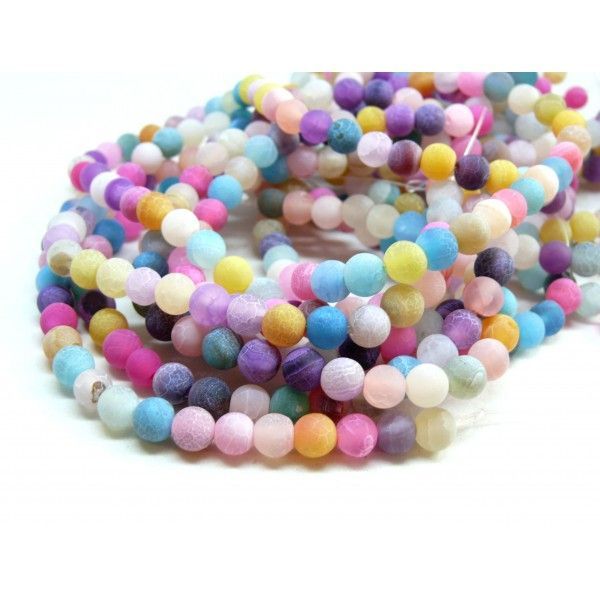 Perles rondes 8 mm, Agate craquelée, effet givre, multicolores
