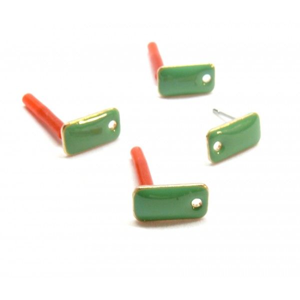 Boucles d'oreille puce style émaillé Rectangle  12mm avec trou couleur Vert métal finition Dore ( vendu sans embout poussoir )