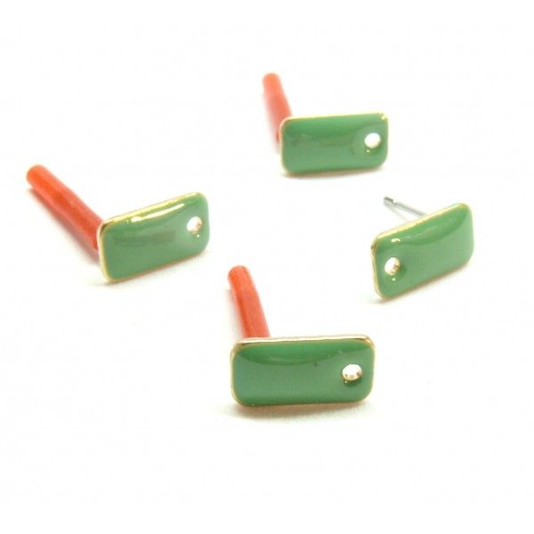 Boucles d'oreille puce style émaillé Rectangle  12mm avec trou couleur Vert métal finition Dore