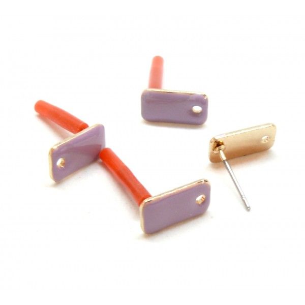 Boucles d'oreille puce style émaillé Rectangle 12mm avec trou  couleur Lilas métal finition Dore  ( vendu sans embout poussoir )