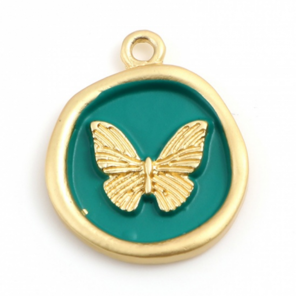 Pendentifs Papillon dans médaillon 22x18mm style émaillé Vert pétrole sur métal doré Mate