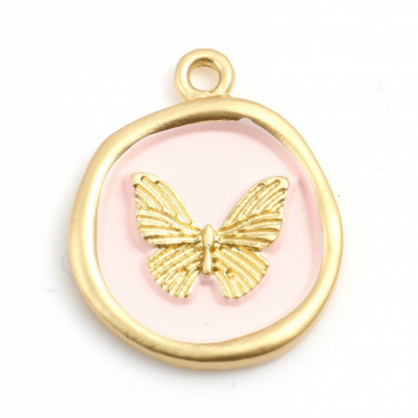 Pendentifs Papillon dans médaillon 22x18mm style émaillé Rose Pale sur métal doré Mate