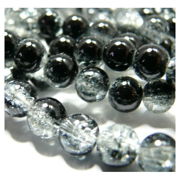 Perles de Verre Ronde 8 mm craquelée bicolore noir et blanc