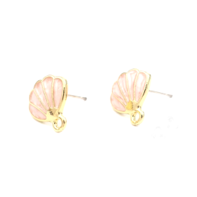Boucles d'oreille puce style émaillé Coquille Saint Jacques 12mm avec trou couleur Rose métal finition Dore