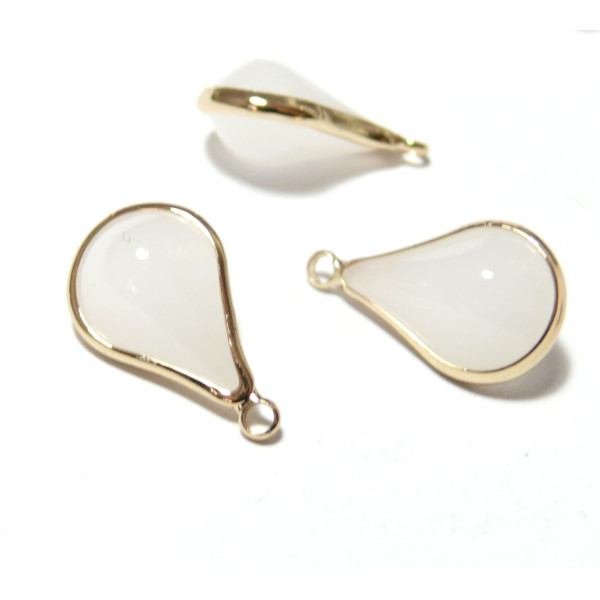 Pendentifs Goutte de Verre Blanc Laiteux 18mm métal Doré