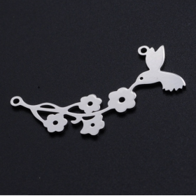 Connecteurs Oiseau, Colibri avec Fleurs 40mm – Acier Inoxydable 304 Argent Platine