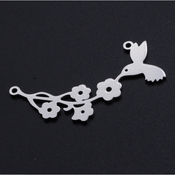 Connecteurs Oiseau, Colibri avec Fleurs 40mm – Acier Inoxydable 304 Argent Platine