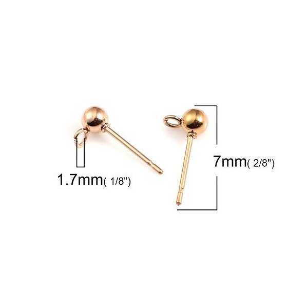 Boucles d'oreille Puce Clou Bille 4mm avec attache ACIER INOXYDABLE 304  Or Rose et poussoirs en plastique