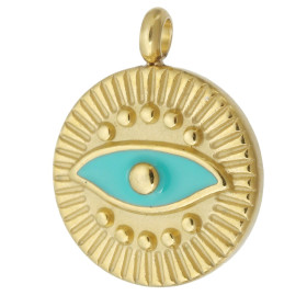 Pendentif Œil de la protection 13mm émaillé Bleu Turquoise Acier Inoxydable finition Doré