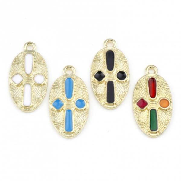 Pendentifs Résine Émaillée Croix Multicolore Ovale 23mm Métal Doré