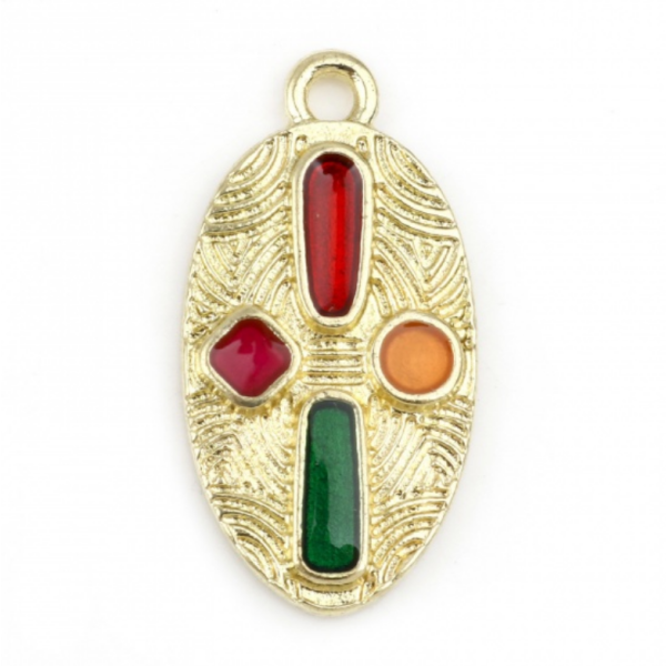 Pendentifs Résine Émaillée Croix Multicolore Ovale 23mm Métal Doré
