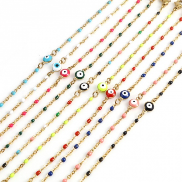 Bracelet - Œil de la protection, Gri Gri  émaillé Bleu Nuit 17,5 cm- en Acier Inoxydable 304 -finition Doré