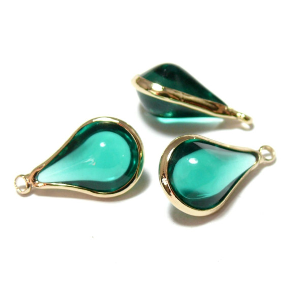 Pendentifs - Goutte de Verre Vert - 18mm métal Doré