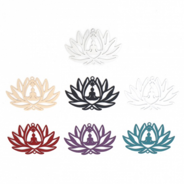 Estampes pendentif connecteur filigrane Yoga, Bouddha Fleur de lotus 38mm métal couleur Doré