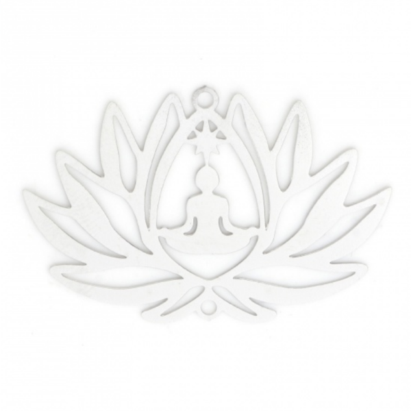 Estampes pendentif connecteur filigrane Yoga Bouddha Fleur de lotus 38mm métal couleur Argent Platine