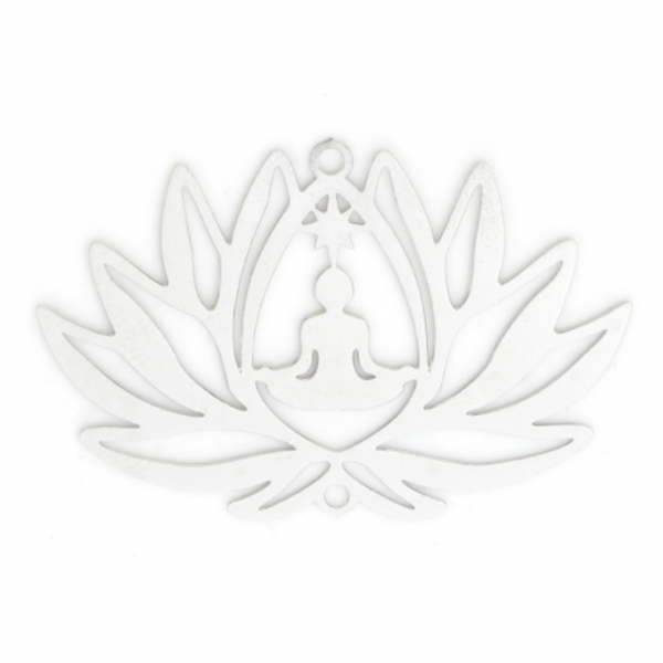Estampes pendentif connecteur filigrane Yoga, Bouddha Fleur de lotus 38mm métal couleur Argent Platine Rhodié