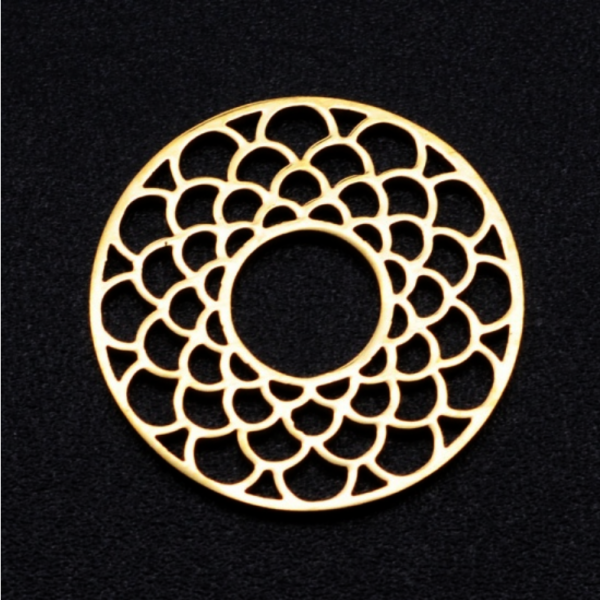 Pendentif, Connecteur  Cercle Mandala 18 mm en Acier Inoxydable 304 finition Doré