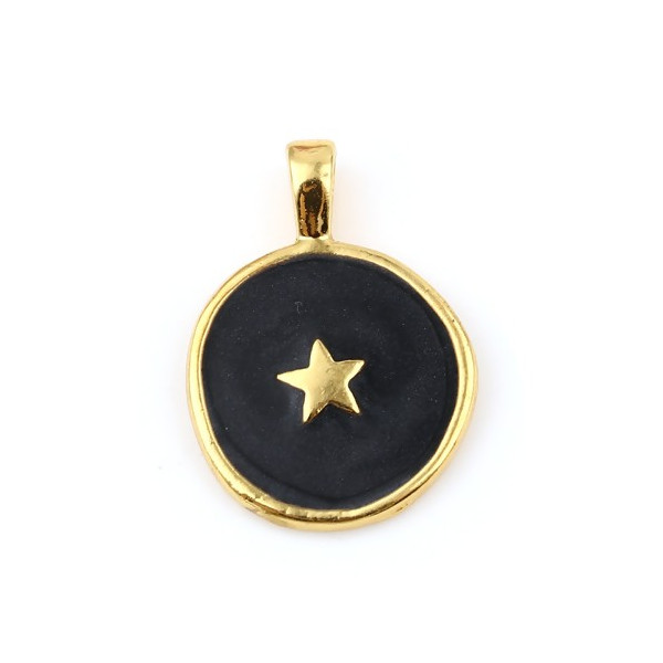 Pendentifs émaillés Noir Nacré 18mm sur métal Doré