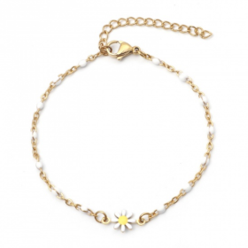 Bracelet Marguerite Fleur Blanche 22 cm, Acier Inoxydable 304  finition Doré