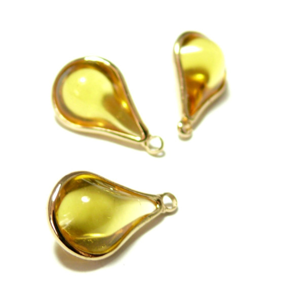Pendentifs Goutte de  Verre jaune 18mm métal Doré