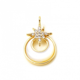 S11000528 – Lot de 1 Pendentif Cercle avec Étoile Nacre et Rhinestone 18mm – Cuivre Doré à l'Or Fin 18KT