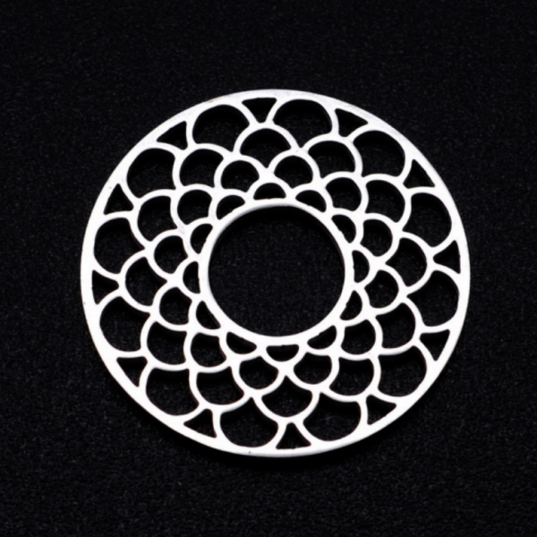 Pendentifs, Connecteurs  Cercle Mandala 18 mm en Acier Inoxydable 304 finition Argent Platine