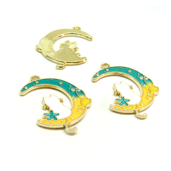 Pendentifs - Chat sur Lune Kawai 17 mm - style emaille - metal Doré