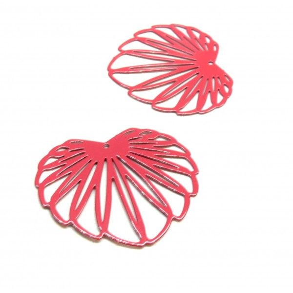 Estampes - pendentif filigrane Feuille de Lotus 35 par 32mm - laiton coloris Rose Bonbon
