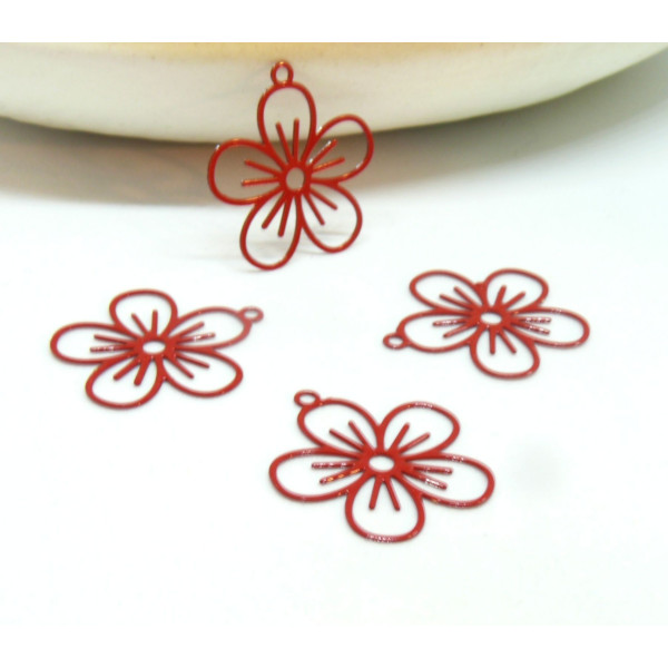 Estampes - pendentif connecteur, filigrane Fleur 22 par 20 mm - laiton coloris Rouge