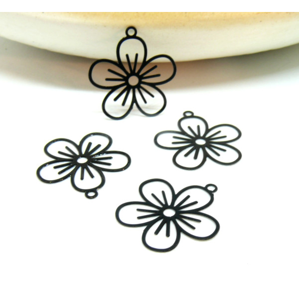 Estampes - pendentif connecteur, filigrane Fleur 22 par 20 mm - Laiton coloris Noir