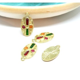 Pendentifs Résine Émaillée Croix Multicolore Ovale 23mm Métal Doré