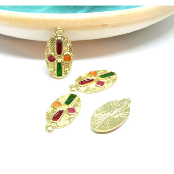 Pendentifs Résine Émaillée Croix Multicolore Ovale 23mm Métal Doré