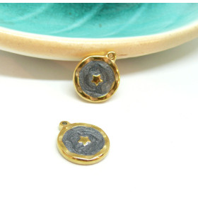 Pendentif Médaillon style émaillés avec Étoile 15mm Acier Inoxydable coloris Doré et Gris